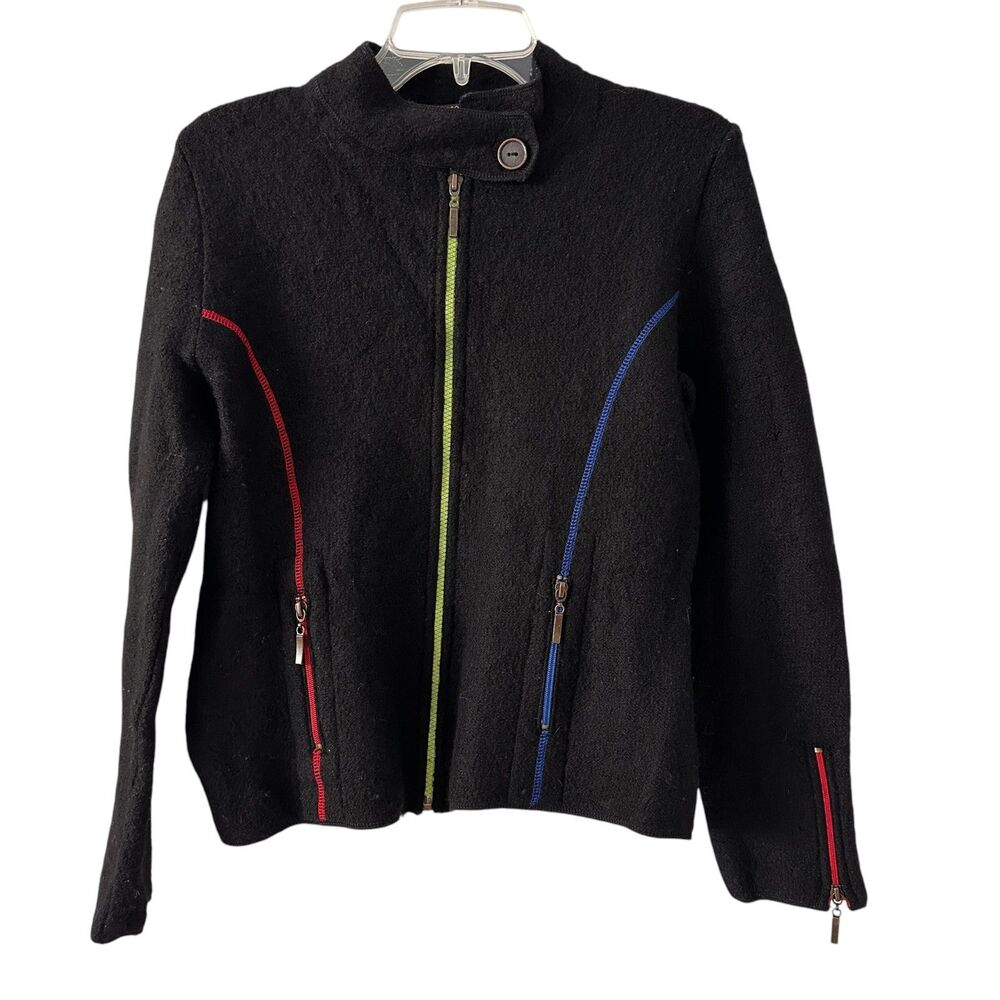 South Wool Black Art Deco Full Zip Button Pure Virgin Wool Pockets Jacket Size M